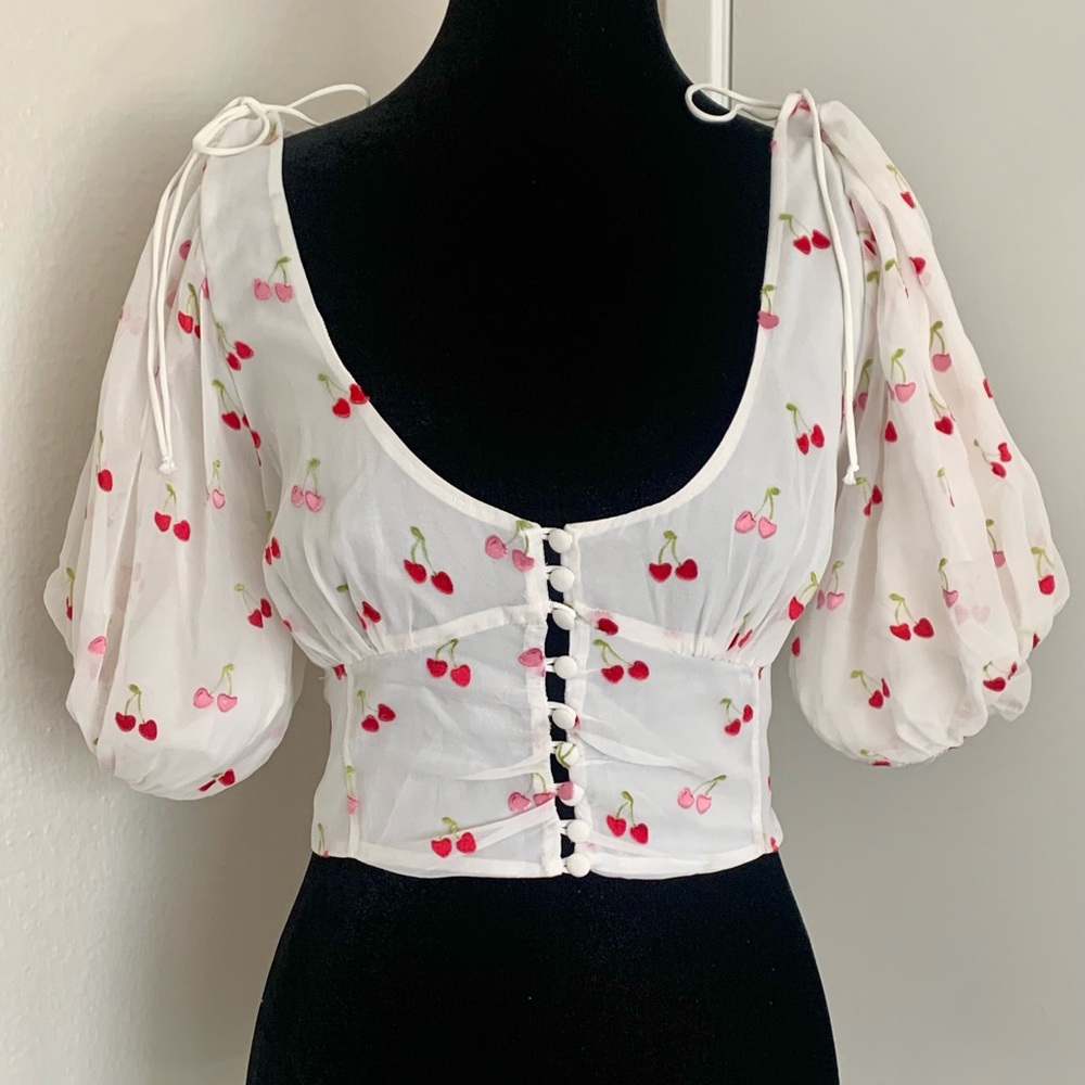 For Love & Lemons Pink & Red Cherry Print Puff Sleeve Cropped Blouse
